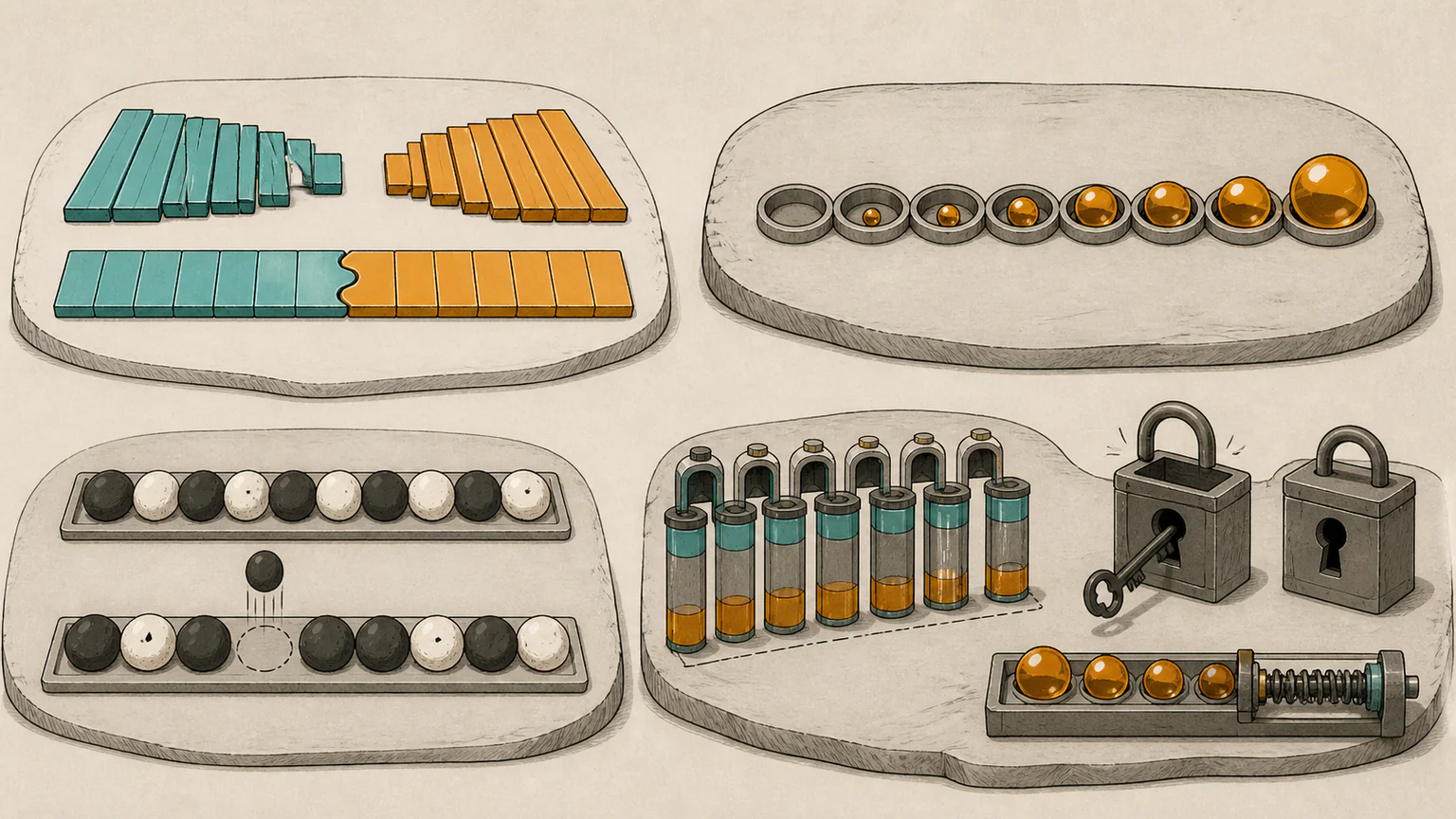 Differently cut strips form the same ribbon, bead slots fill from the far end, parity trays rebalance after one removal and task batteries line up by their energy gaps