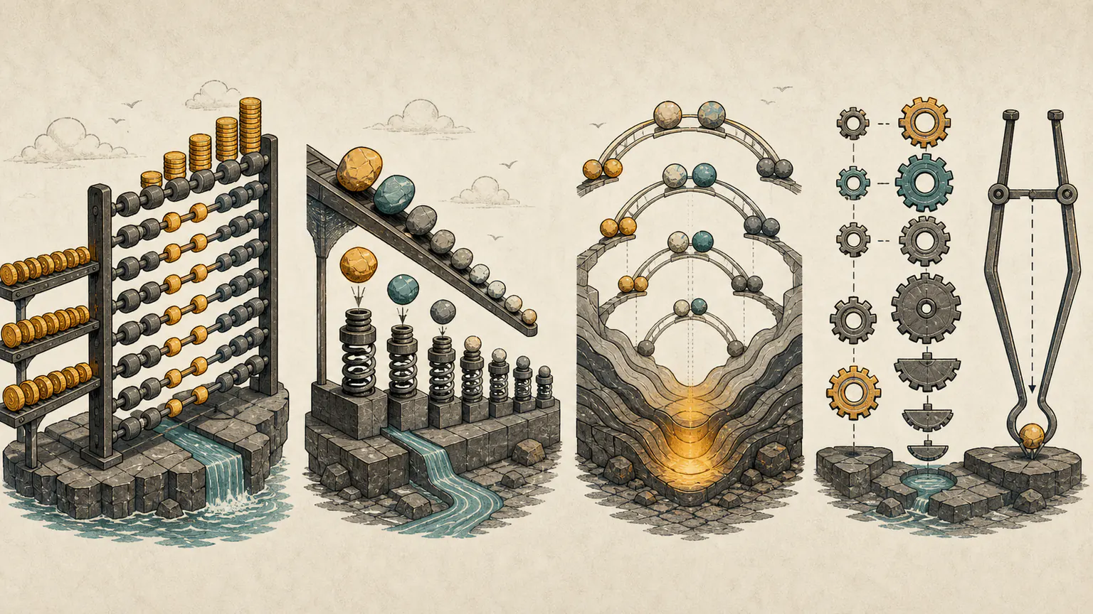 An abacus totals rows of coins, a monotone rack ejects larger stones, complementary pairs create interval ridges and repeated halving pulls the widest values together