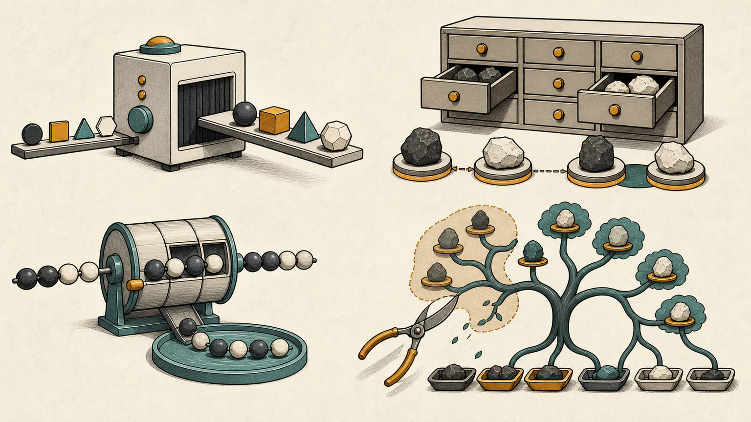 Shape tokens pass through a parser, complementary weights lock together, dark and pale bead strings concatenate and a pruned grouping tree keeps the best balanced arrangement