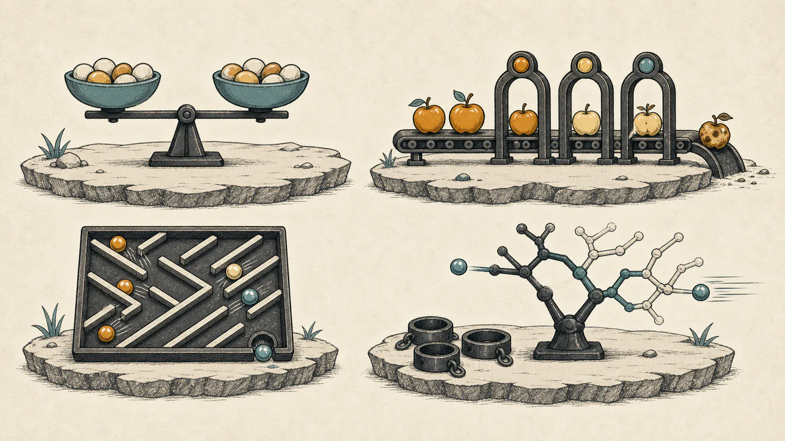 A balance compares two bowls of vowel beads, apples leave by freshness, balls cross a slatted maze and a branching machine speeds up after shedding heavy rings