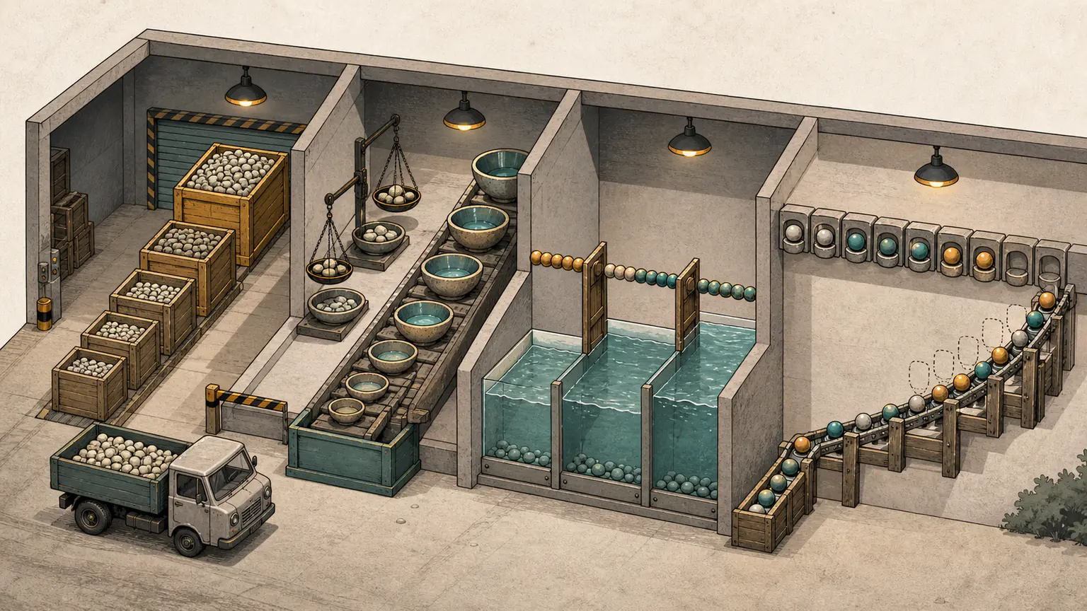 Dense-unit crates fill a truck first, food tokens pair into doubling trays, two gates divide prefix weights and mapped target sockets feed a longest rising rail