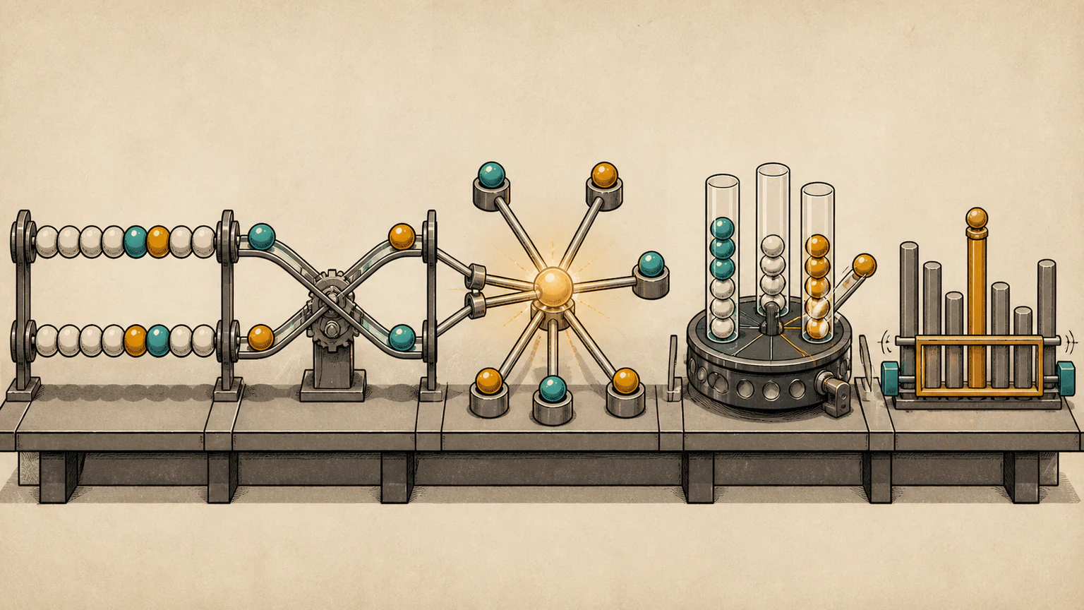 Two mismatched beads swap into alignment, spokes reveal a central hub, bonus marbles enter the best-gain vessel and two rails expand from an anchored column