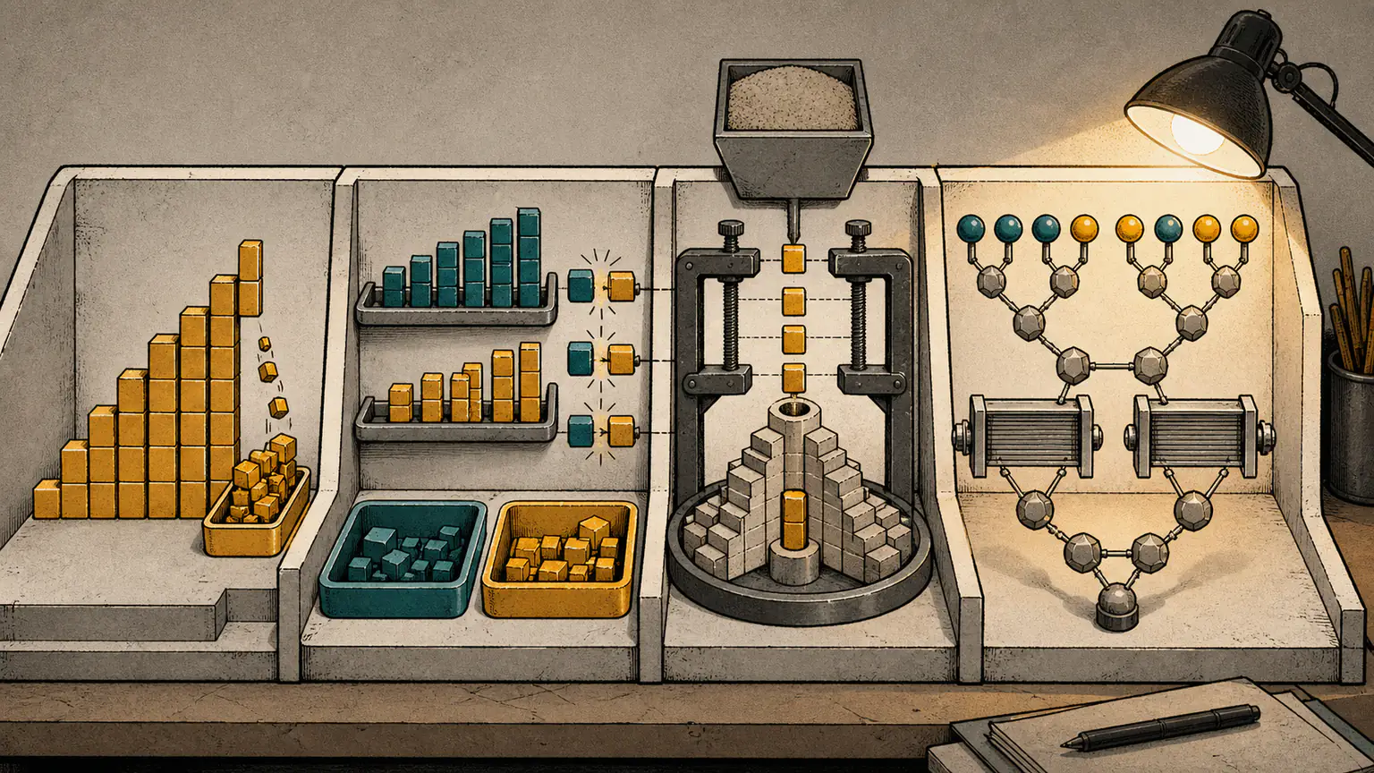 Rising steps collect their best load, bid and ask trays clear into a backlog, a sand budget bounds an array peak and a late-lit binary tree filters paired signals