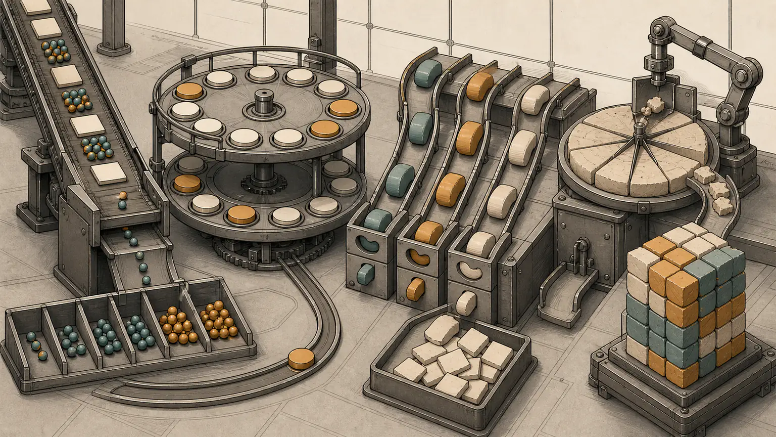 A mixed ribbon yields deduplicated bead strings, a permutation carousel resets, paired capsules meet lookup drawers and equal blocks build a high product tower