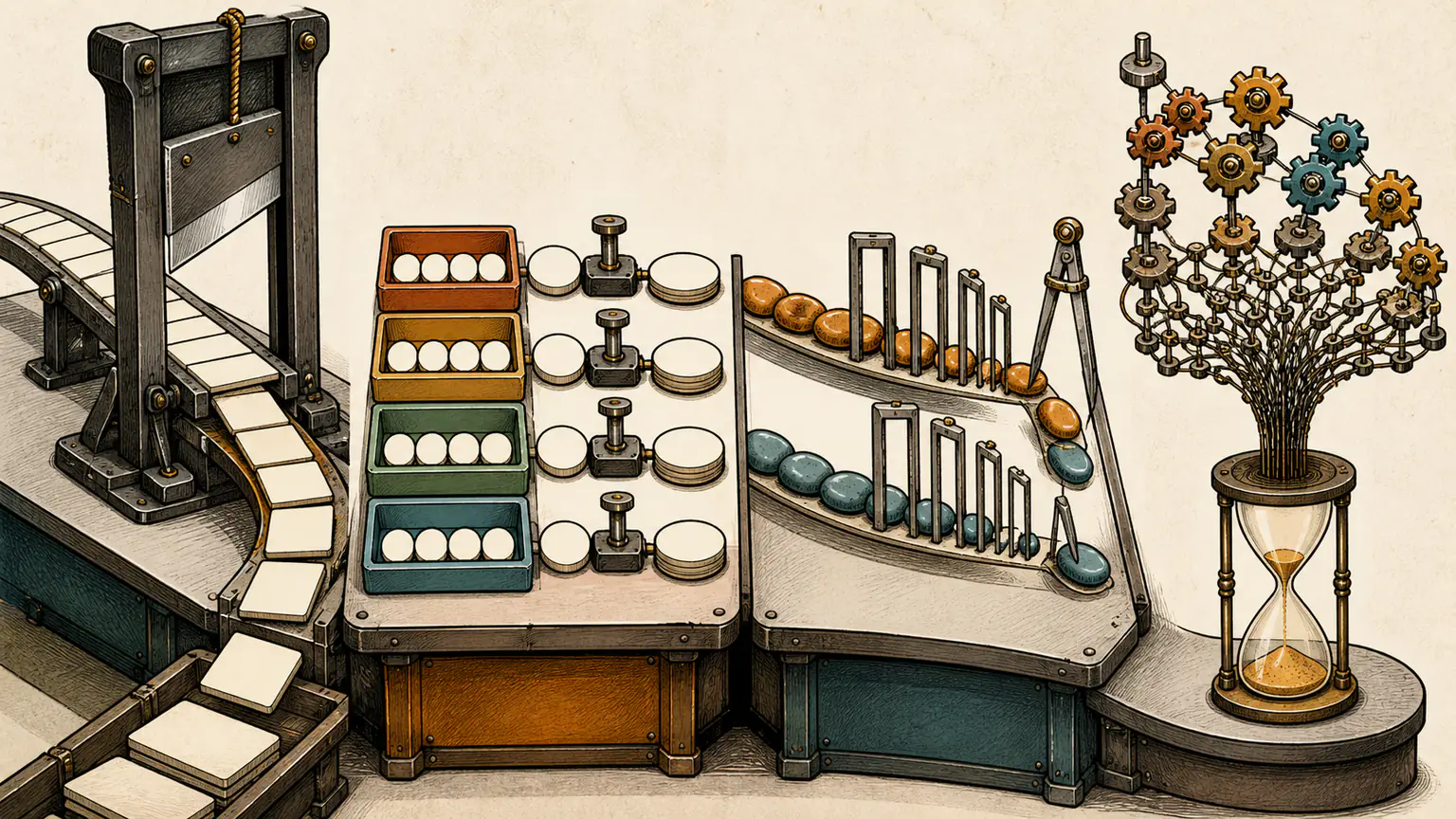 A token ribbon is trimmed, duplicate clock seals merge by user, calipers find a nearest stone and an expanding gear network stalls at a sand timer