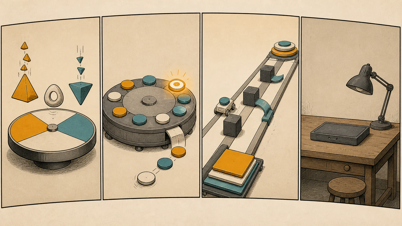 Directional weights feed a balance, tokens leave a circular carousel, a runner changes lanes around barriers and a fourth bench stays unopened