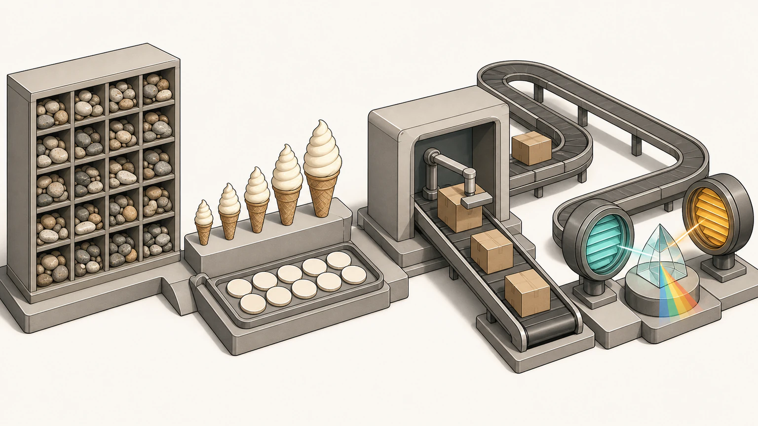 A complete cabinet of abstract tokens leads to cheap ice creams, a one-lane task scheduler and paired signal lamps feeding an XOR prism
