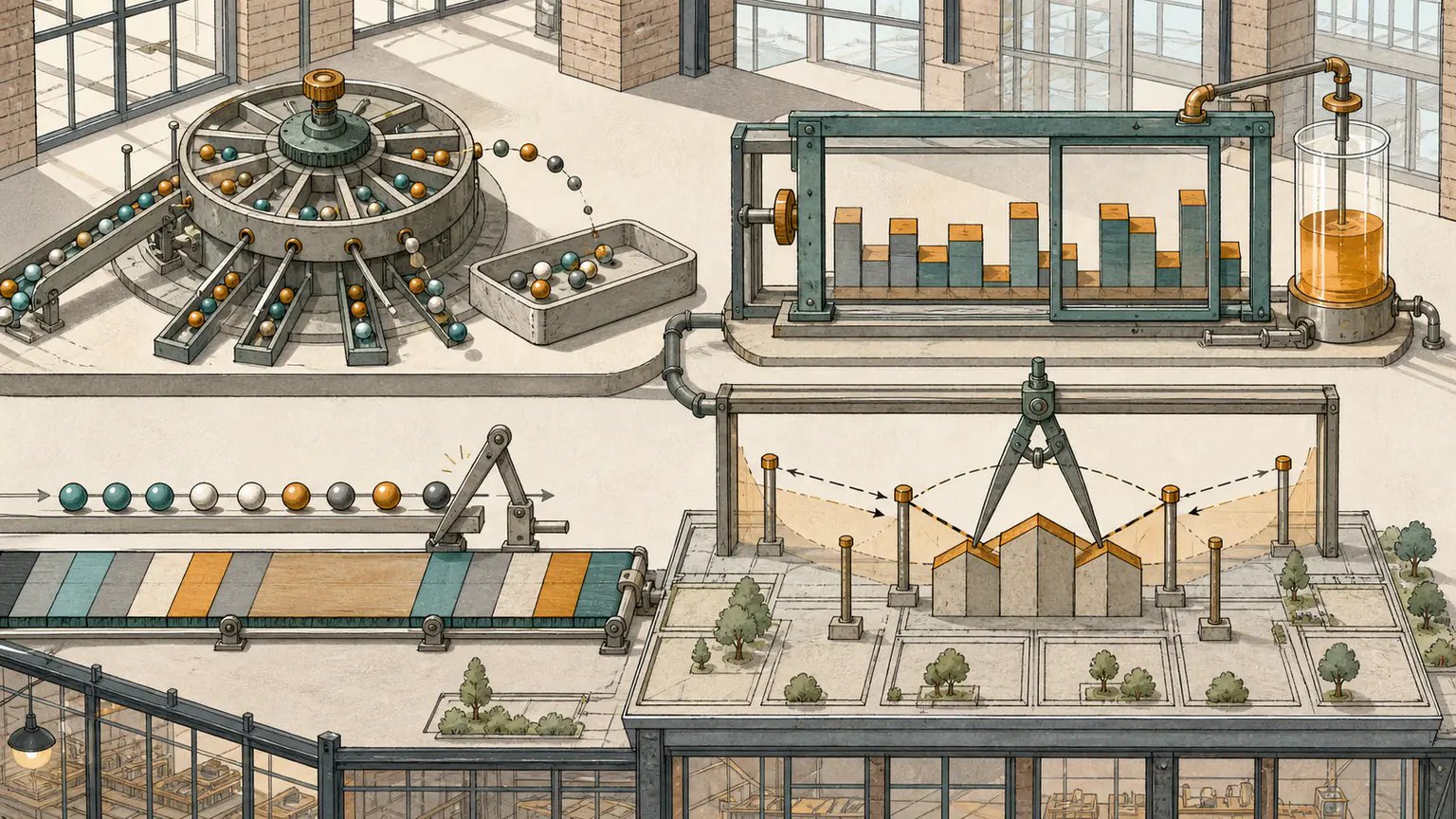Beads regroup through a multi-slot wheel, a sliding frame raises blocks evenly, five colours flow in order and sparse height posts shape a skyline peak
