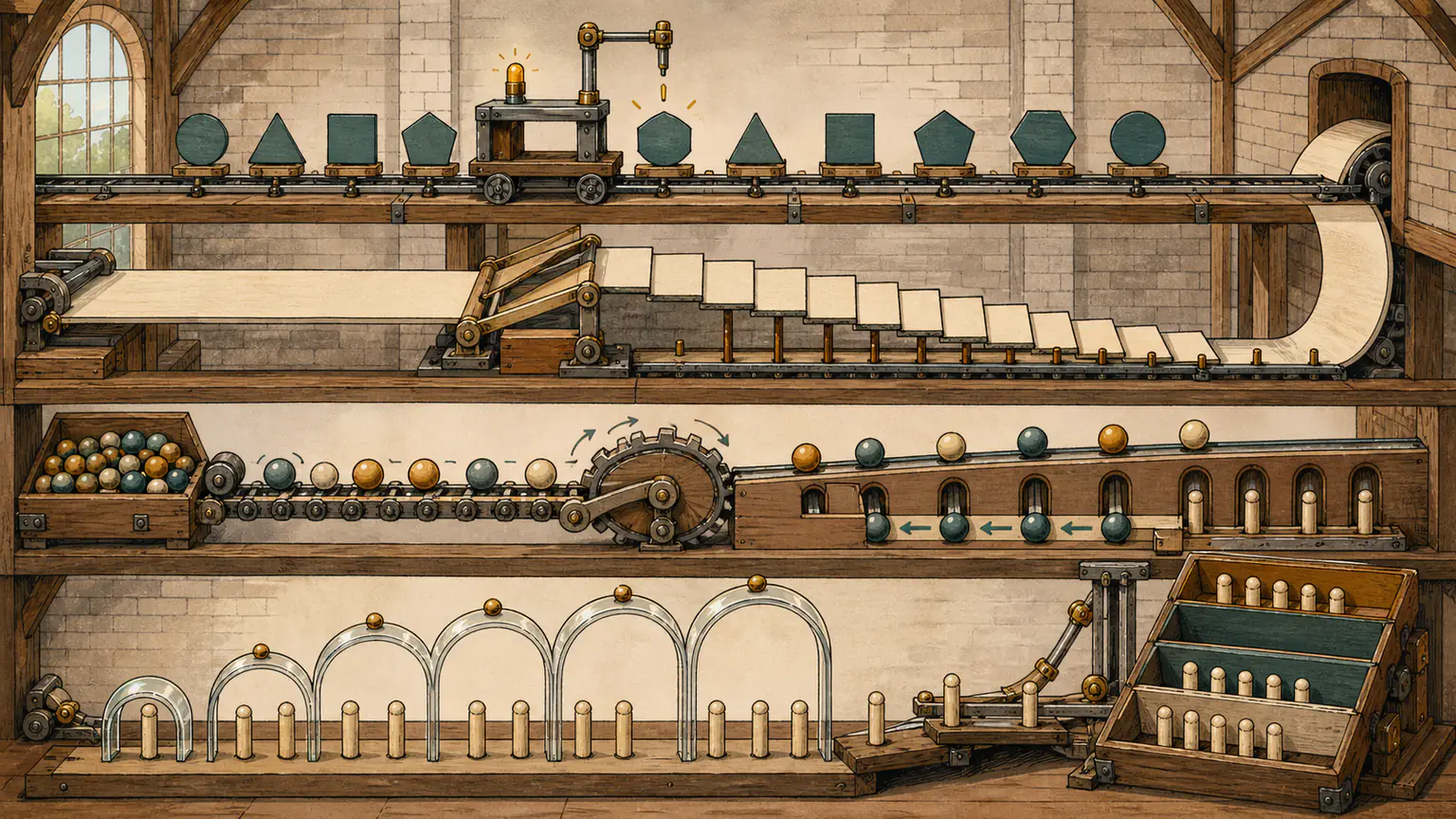 A measuring trolley finds the nearest target, a strip splits into descending steps, beads swap toward a chosen permutation and short arches claim query pegs first