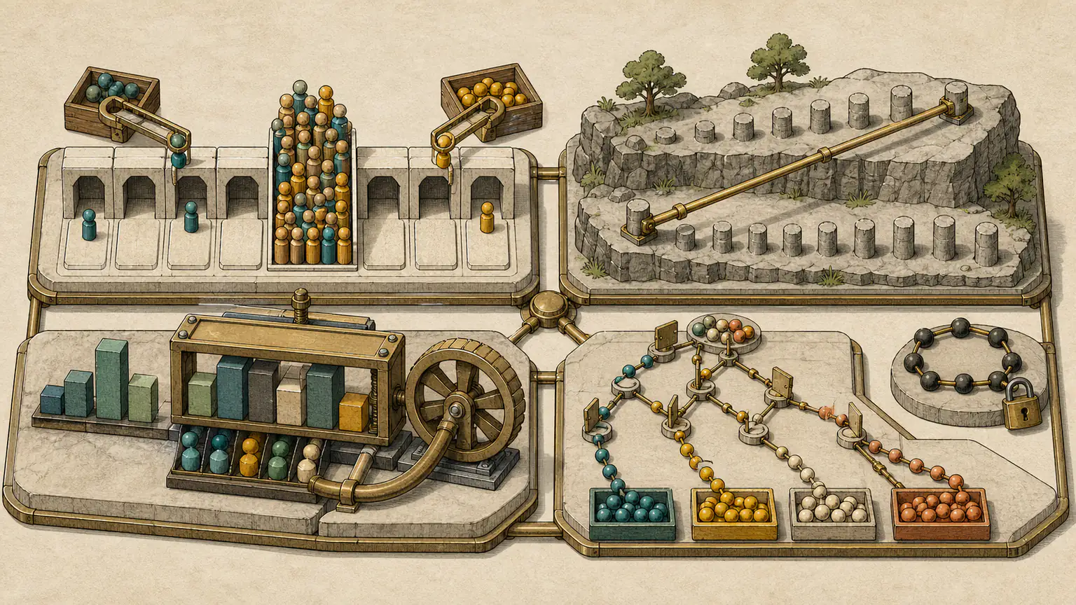 Blank time bays accumulate arrivals and departures, two sliders stretch across sorted rows, a minimum-height frame drives an interval-weight gear and coloured graph tokens accumulate in topological order