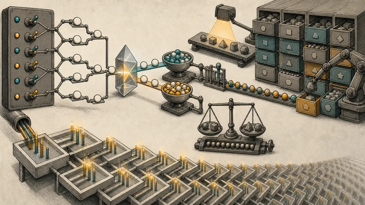 Branching switches feed an XOR prism, two-colour beads alternate, a small tray queries a mutable warehouse and a stick recurrence remains visibly sprawling