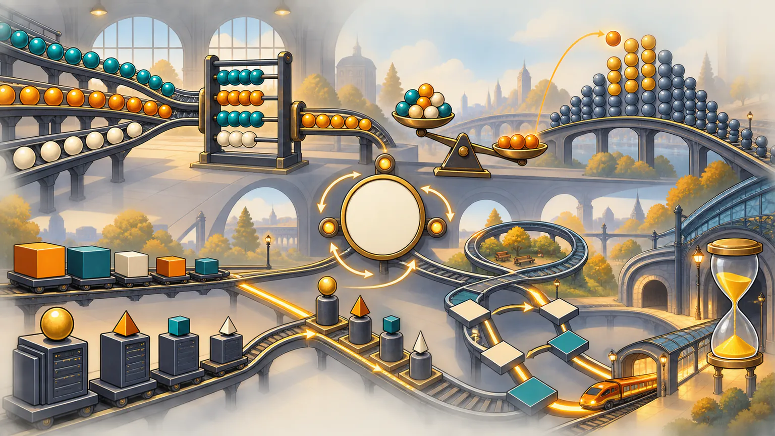Coloured bead strings balance on an abacus, one bead enters the best slot, twin queues dispatch tasks and a road skips selected rests before the timer empties