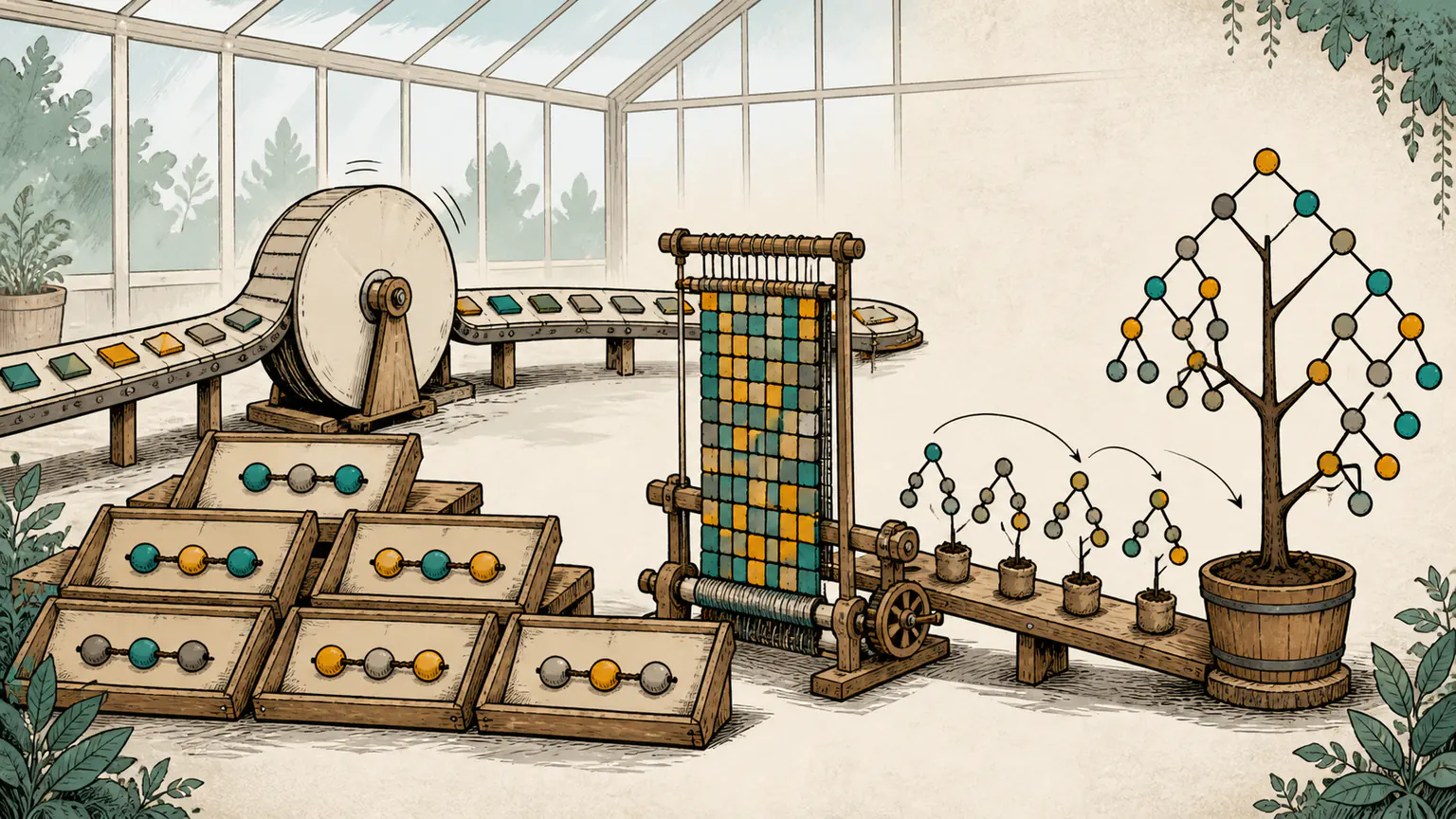 A greenhouse line duplicates a tile ribbon, sorts mirrored bead triplets, weaves a three-colour grid and grafts saplings into one valid tree