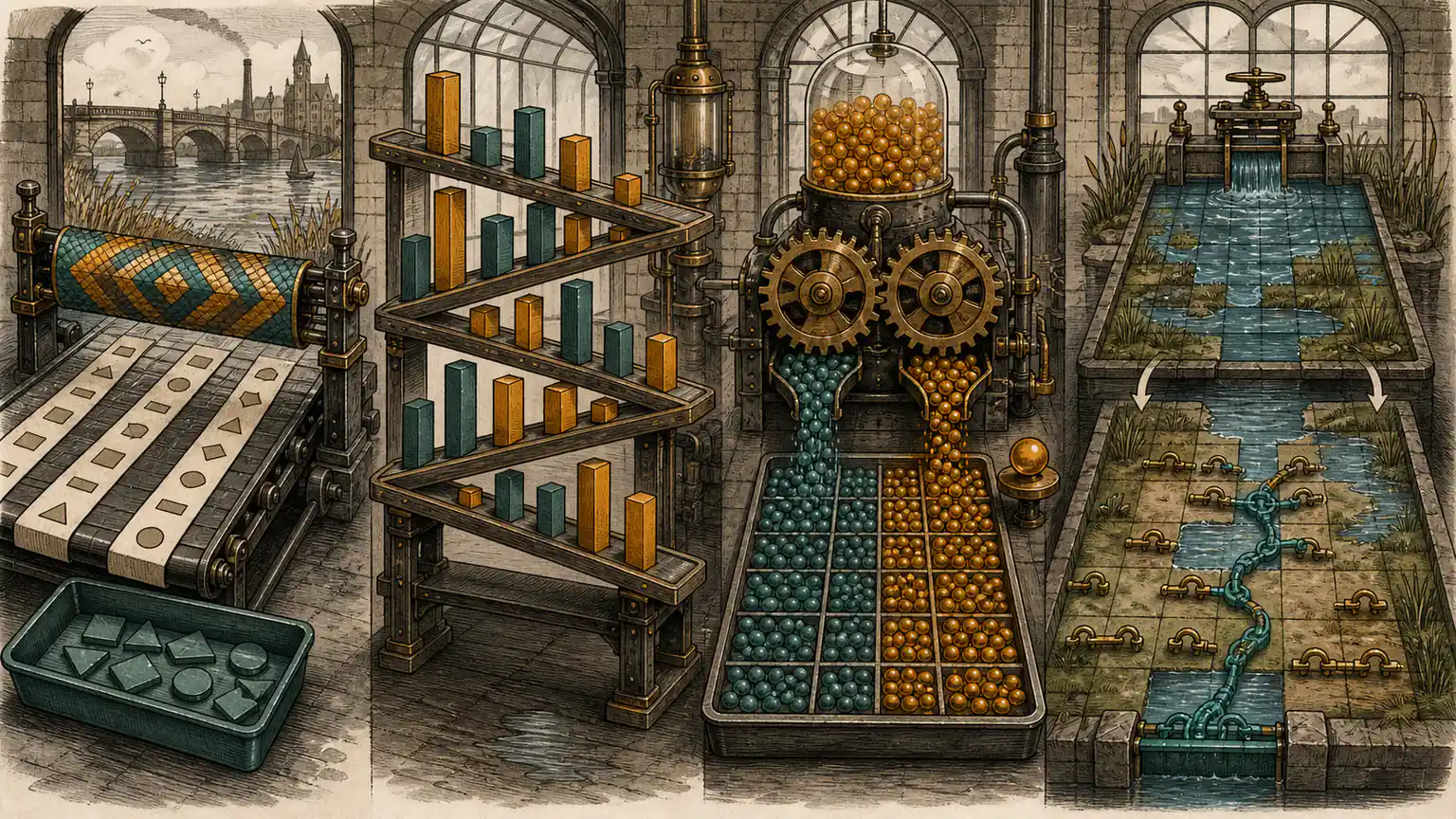Blank pattern strips pass a long tapestry, high and low blocks alternate, paired gears reshape a product and union links reconnect a flooded crossing
