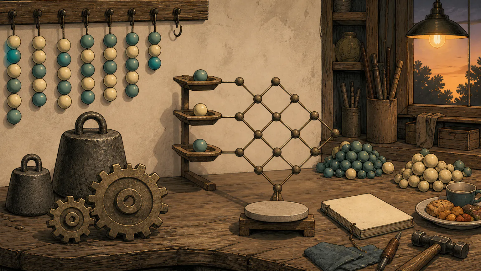 Extreme stones enter a common-tooth gear, a two-colour pattern cabinet keeps one empty socket, row choices approach a balance target and a final bench remains at the reference stage