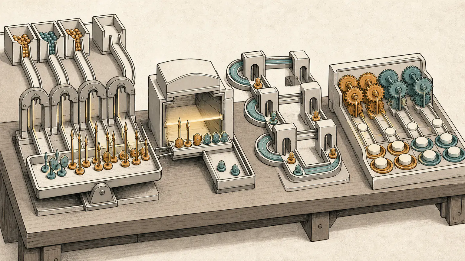 Four forward gates select marbles, sorted spear-and-shield tokens expose weaker pieces, a room track loops before advancing and factor gears connect sortable stones