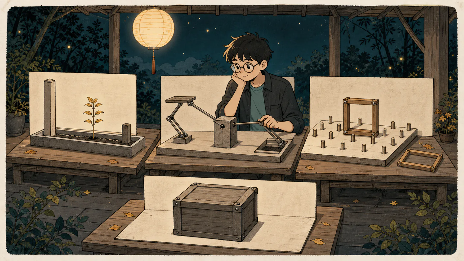 Forest returns under a harvest moon to a toggle lever, bounded garden and square-point frame while one final crate stays closed