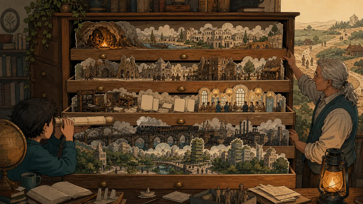 A library cabinet unfolds layered scenes from cave hearths and ancient cities to printing, industry, and a green modern city