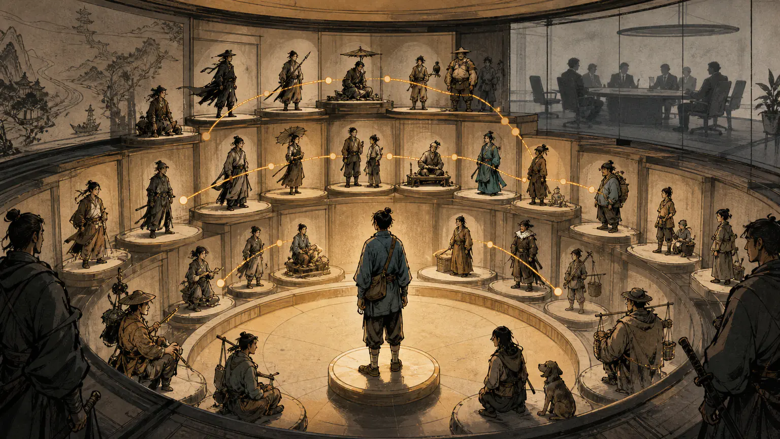 Anonymous jianghu figures rotate through an archive carousel while a warmly lit minor character and a distant office-boardroom shadow reveal the book's compassionate modern comparisons