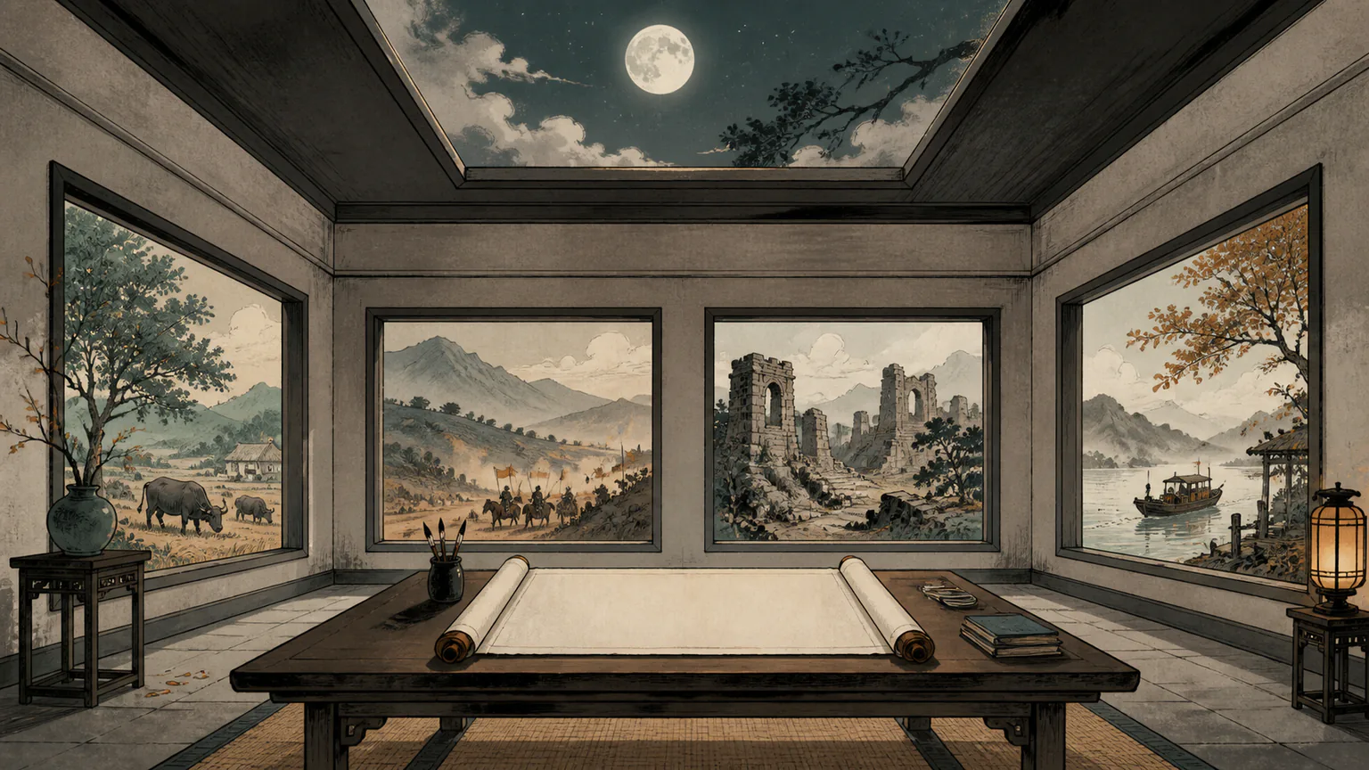 Four landscape windows for pastoral life, frontier unrest, ancient ruins, and farewell surround a blank scroll beneath an open moonlit skylight