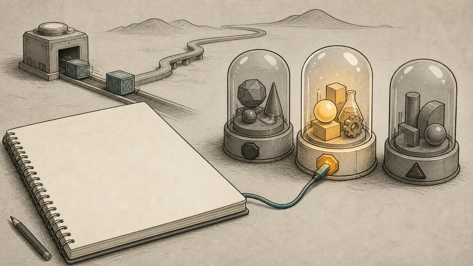 A shared notebook desk selects one sealed environment capsule through its matching kernel key while the other capsules remain isolated
