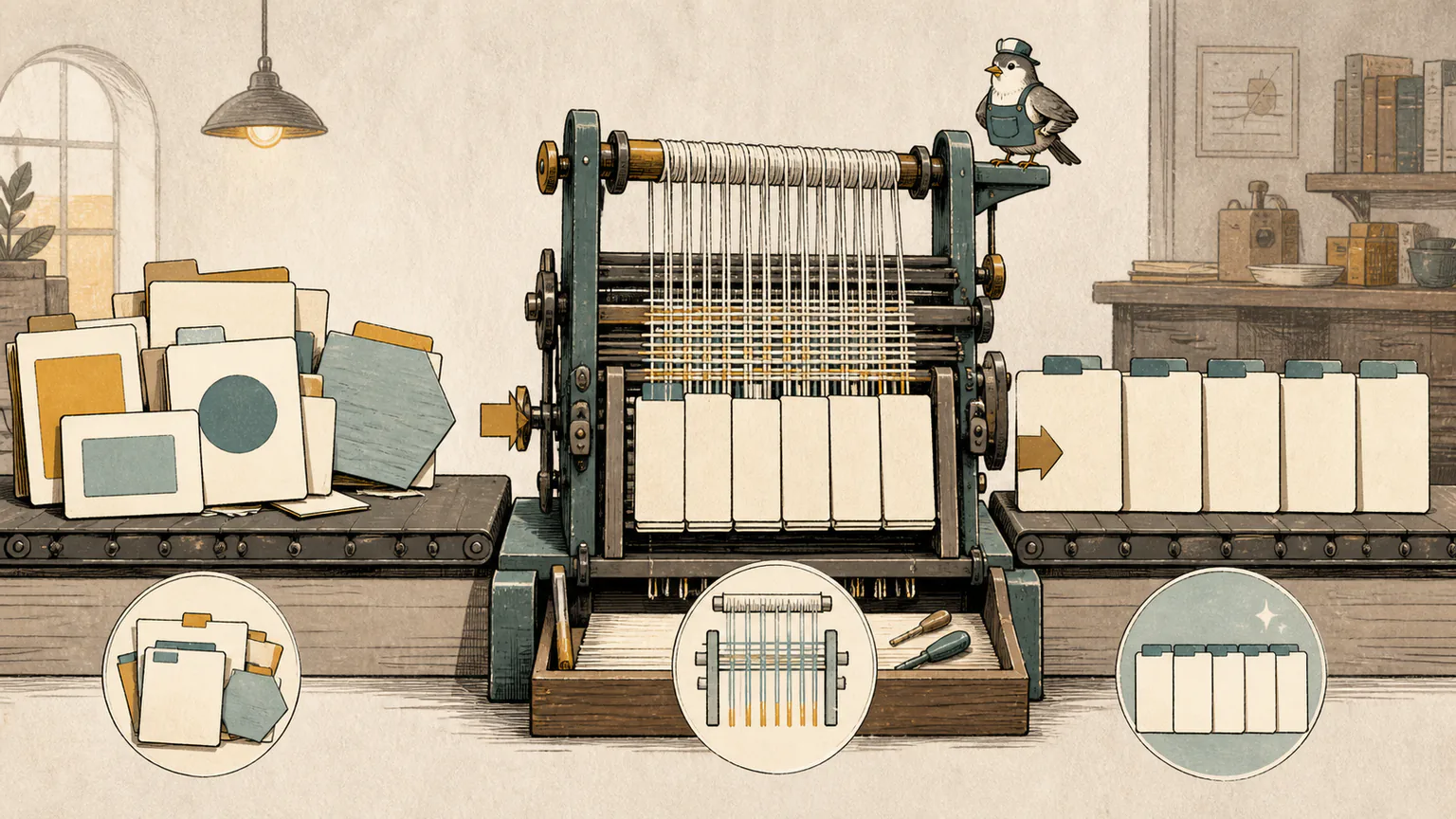 A library bindery feeds mismatched citation cards through a careful standardization loom and receives a tidy row of uniform reference cards
