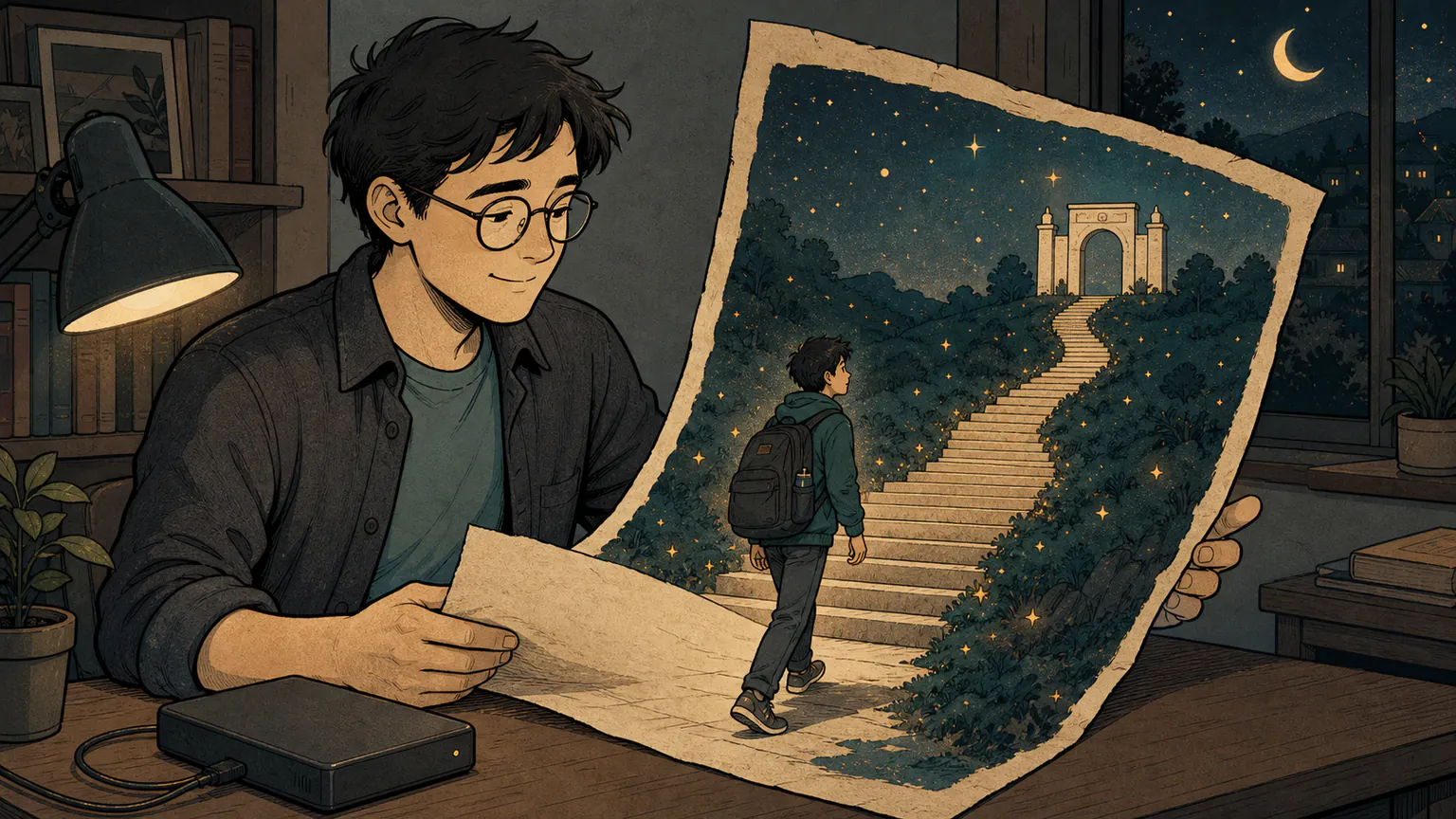 Adult Forest unfolds a blank letter recovered from an old drive, where teenage Forest climbs a long starlit stairway toward a distant campus arch