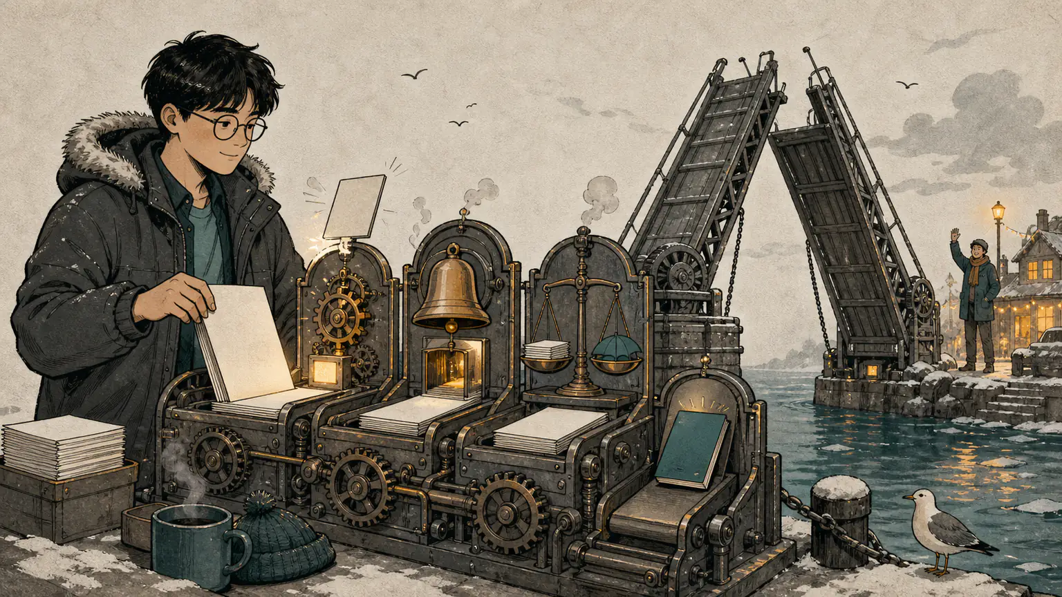 Forest guides a small bundle of blank documents through a winter clockwork checkpoint until a bridge opens toward a waiting friend across the water
