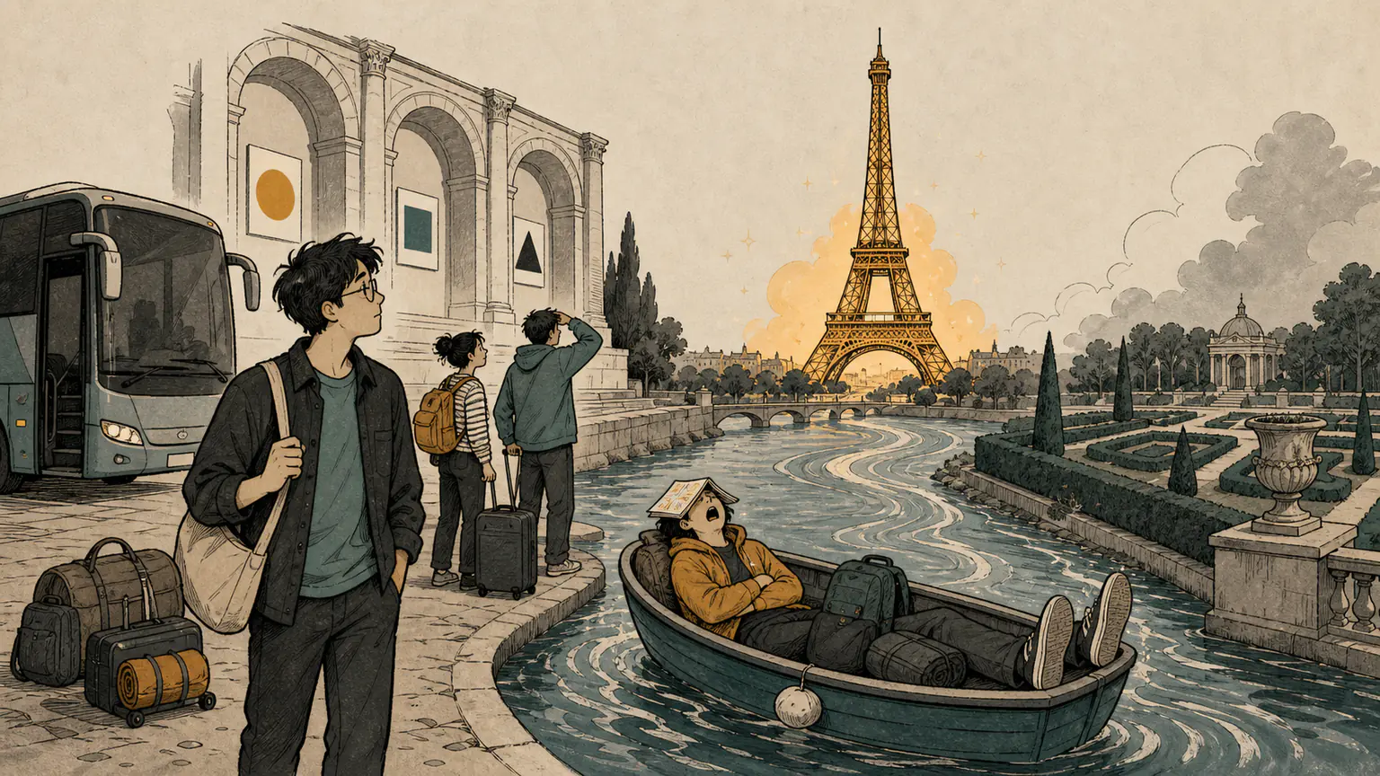 Forest and three companions cross a playful Paris stage of museum arches, a river boat, a glowing iron tower and a distant formal garden