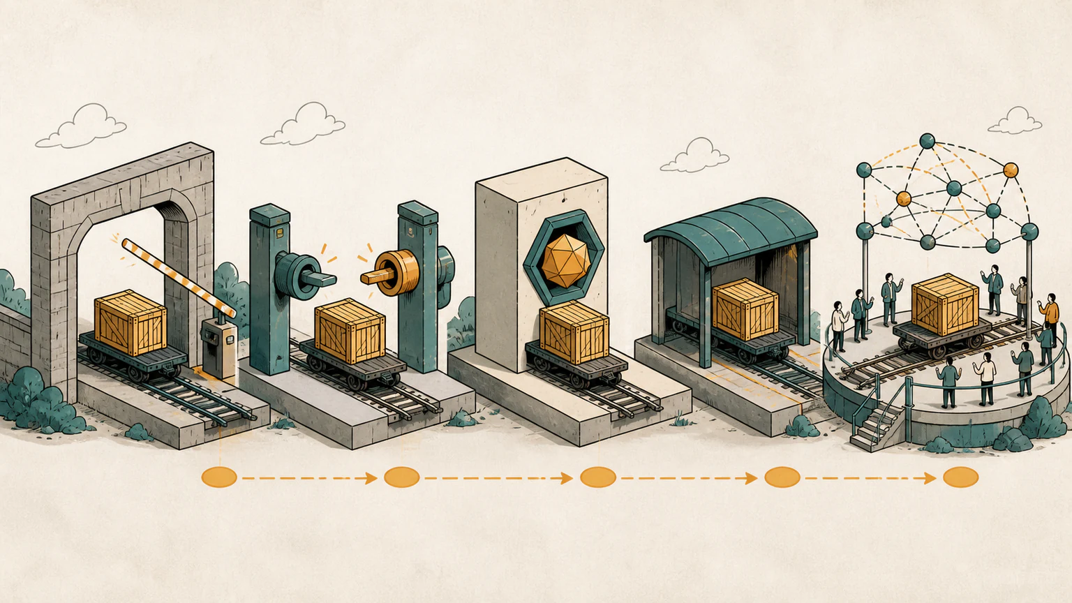 An unlabelled fund crate moves through a key gate, account coupling, seat token, custody siding, and finally an open exchange platform