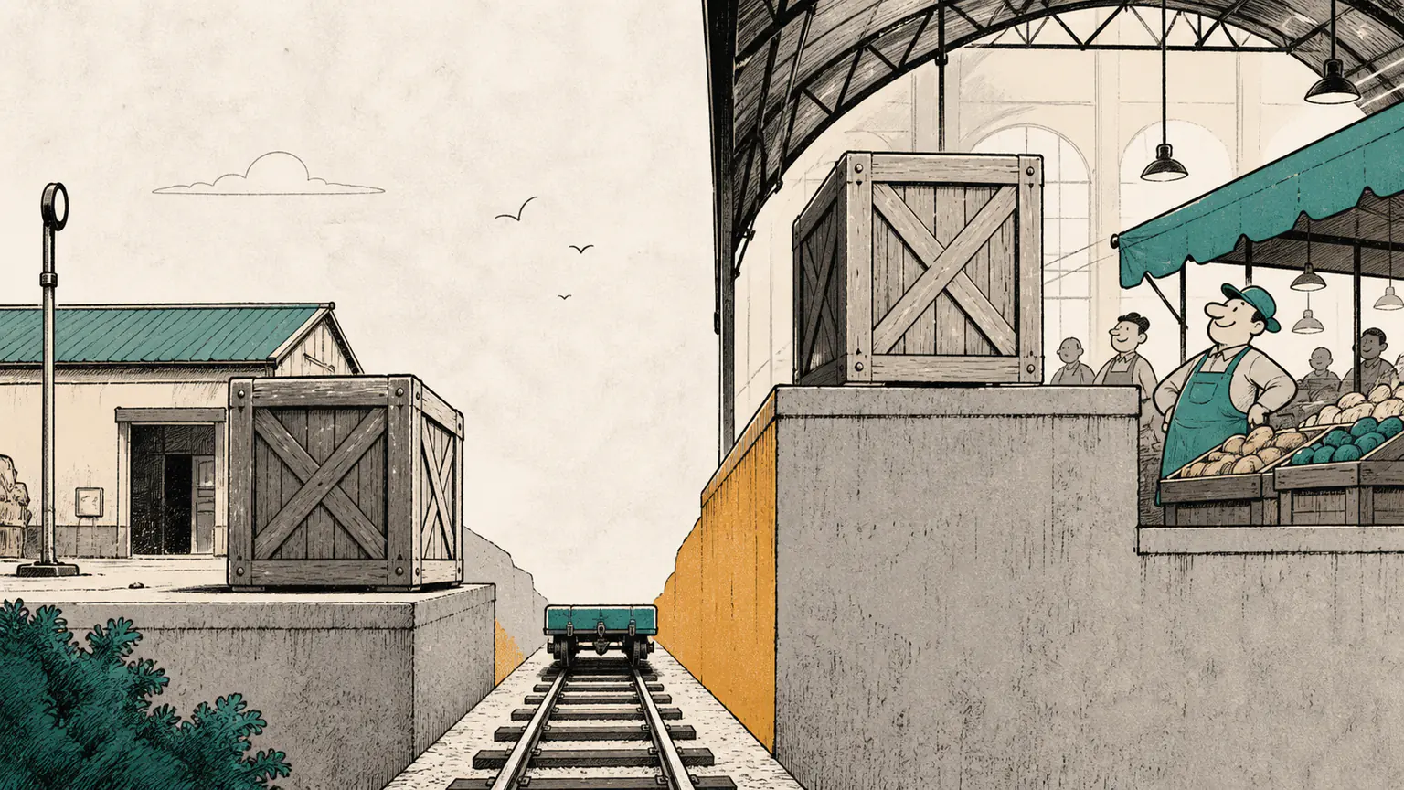 Identical asset crates sit at different heights in a quiet depot and an active market hall, joined only by a narrow capacity-limited rail line