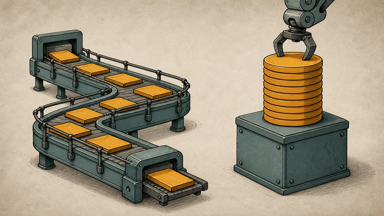 Amber tiles enter the rear and leave the front of a serpentine lane while a gripper beside them can reach only the top disc of a sealed stack