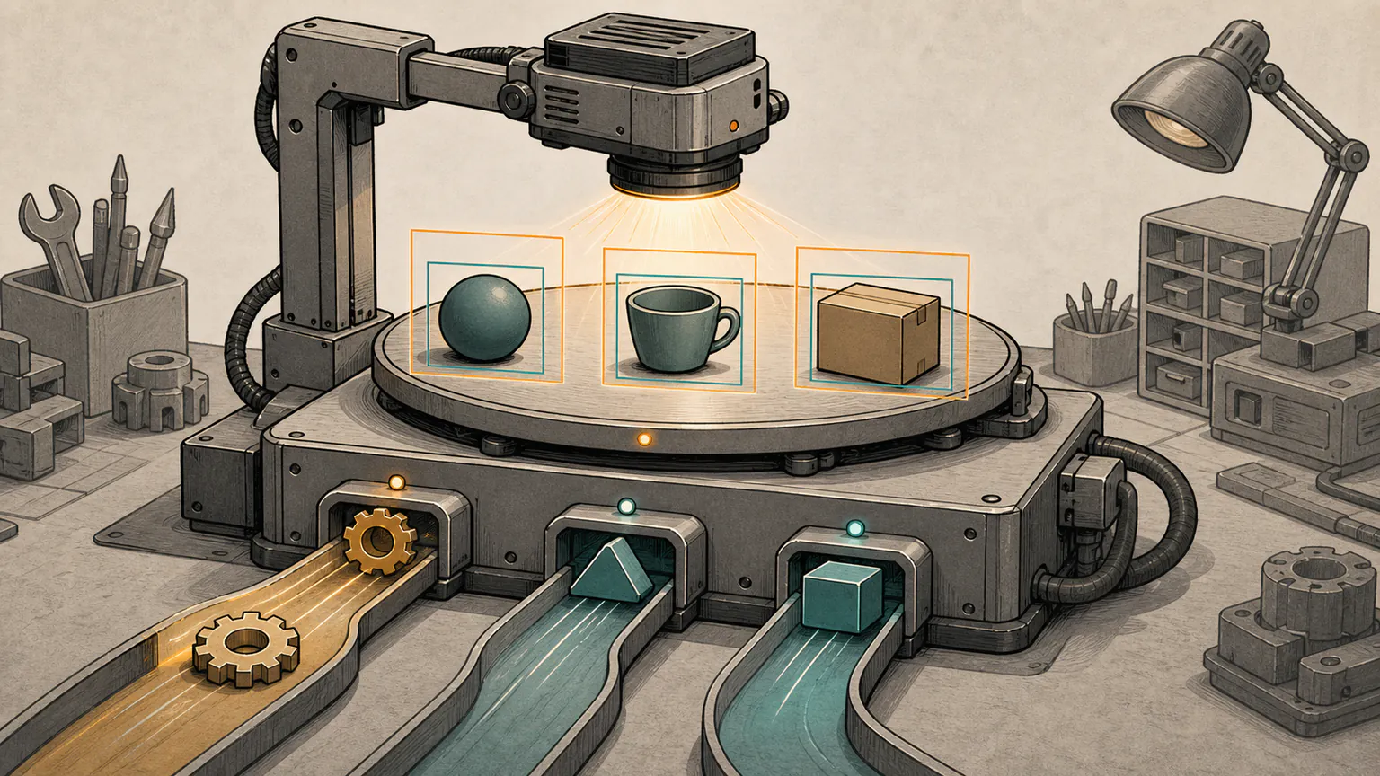 A modest CPU workshop casts several correctly sized frames around passing objects after three misplaced dependency parts are routed into matching sockets