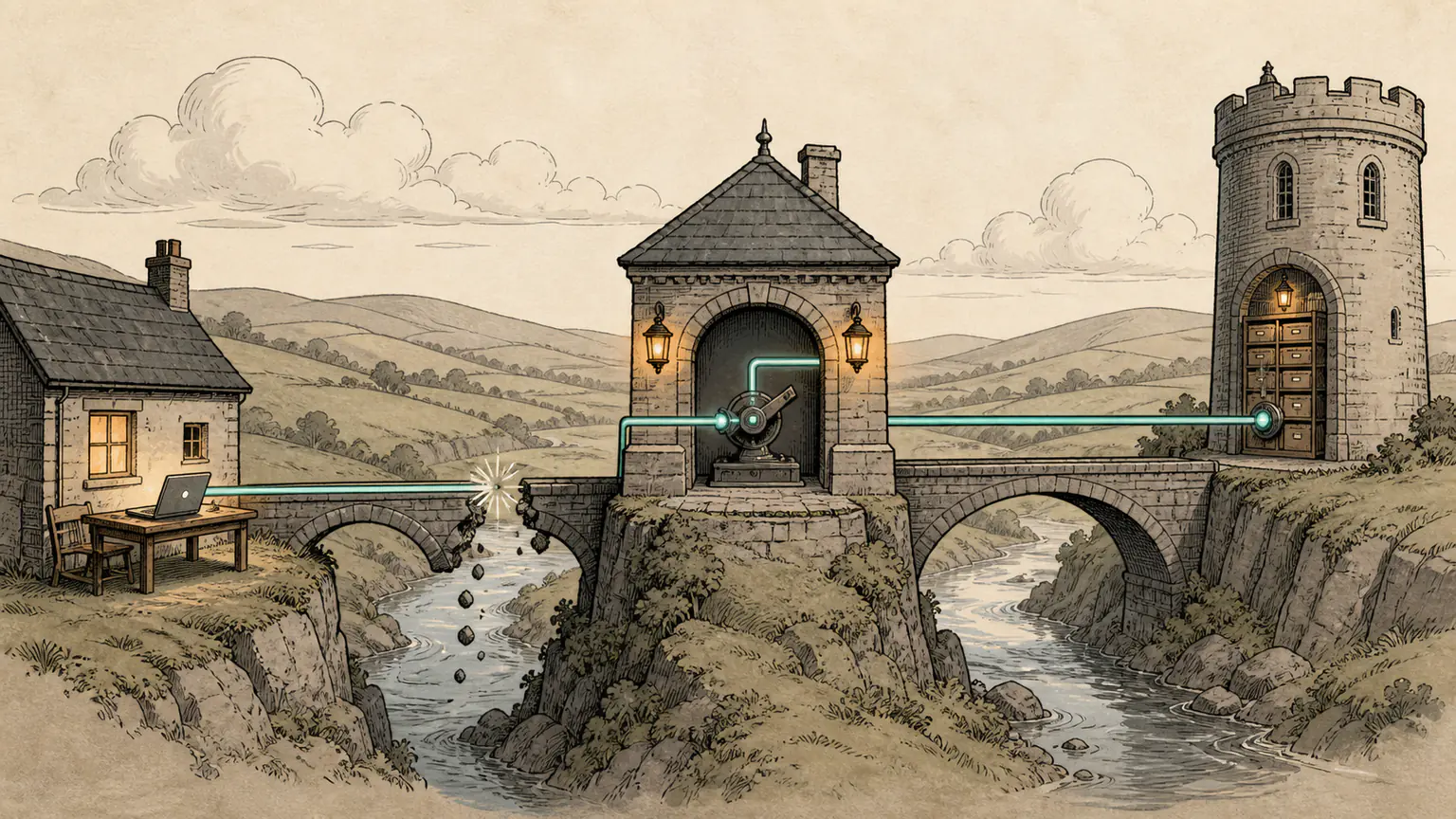 An encrypted beam travels from a laptop through an intermediate gatehouse to a remote server tower that was otherwise unreachable