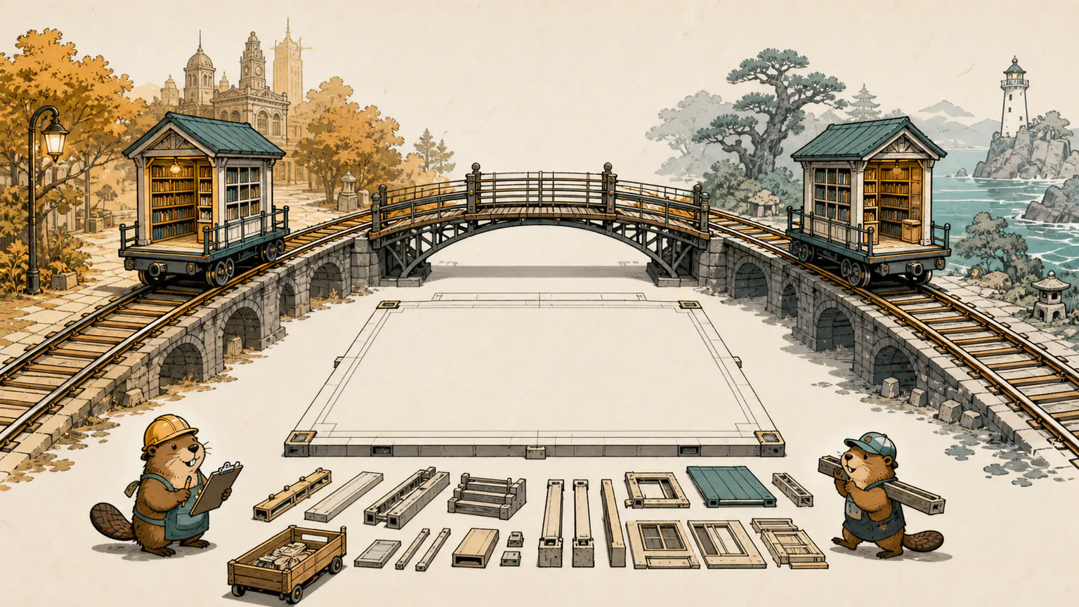 Two blog houses built from the same modular blueprint deploy along separate tracks and remain connected by a two-way bridge
