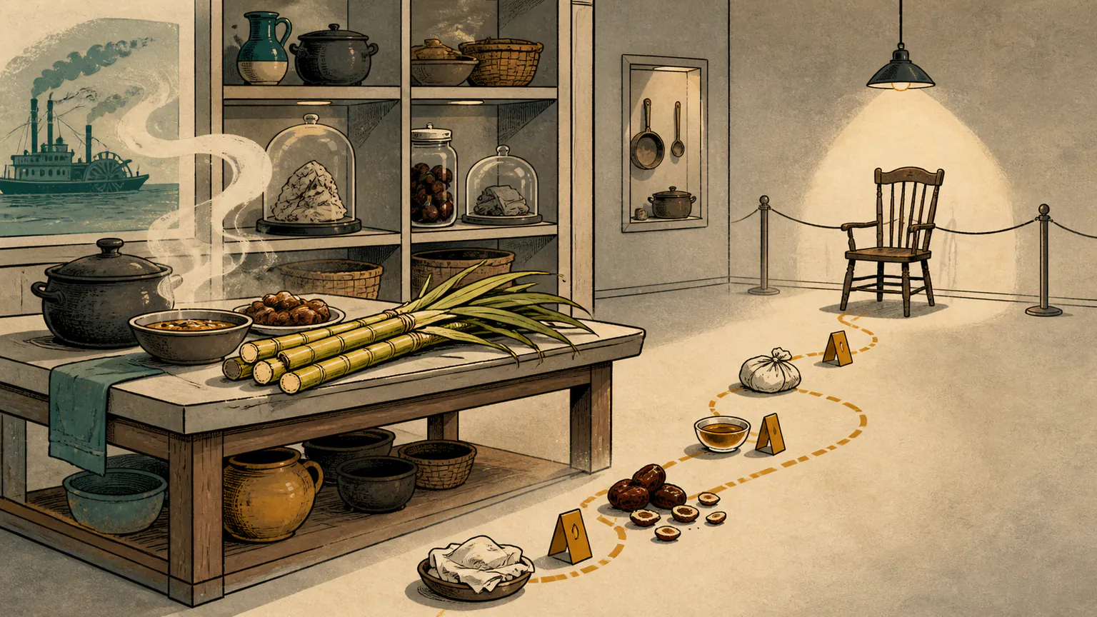 A museum kitchen archive turns a southern feast into an old mystery as steam, sugarcane, jujube pits, and sealed objects converge on an empty chair