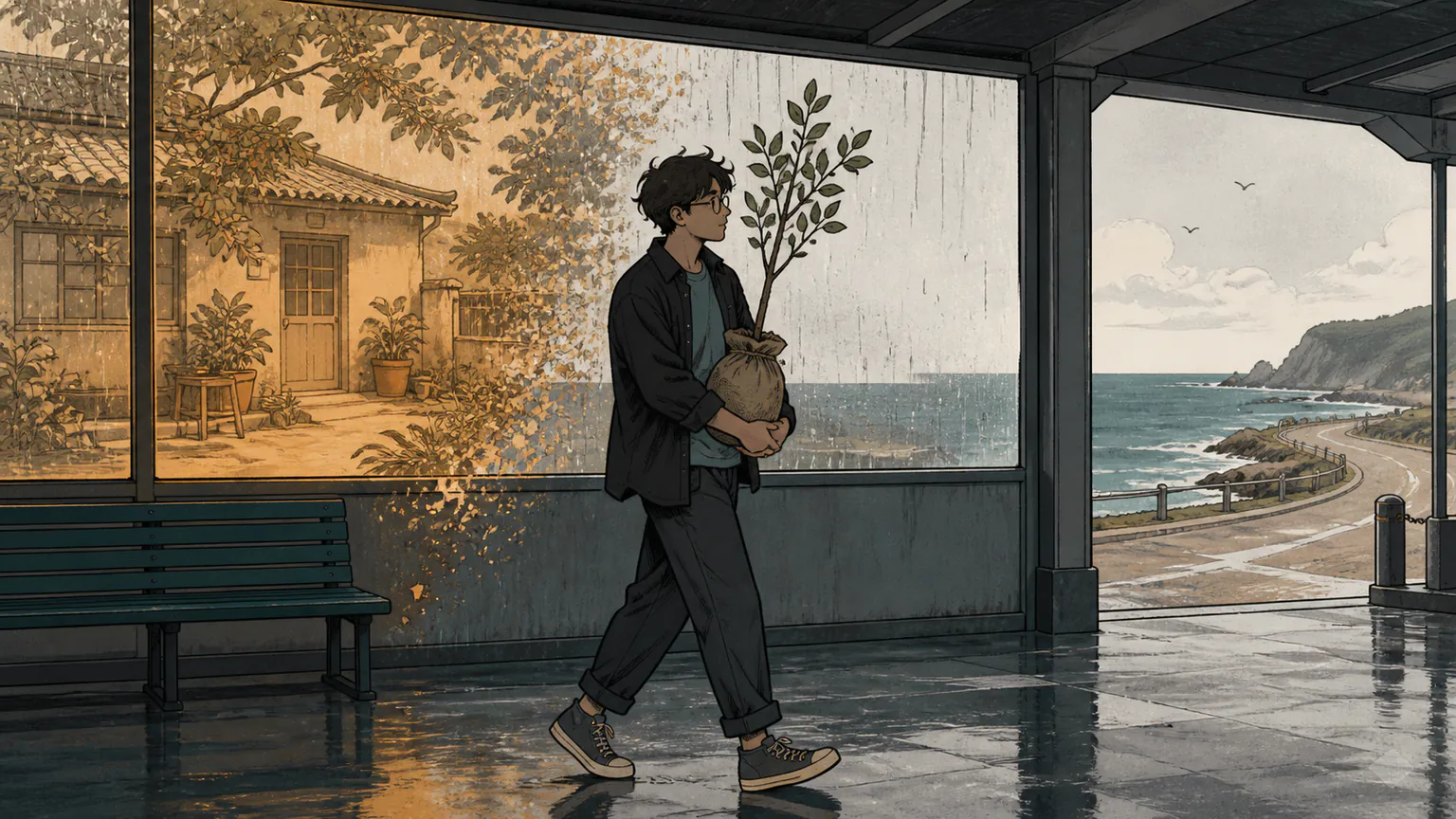 Forest carries a young jujube tree through a rainy ferry terminal while a nostalgic courtyard dissolves behind him and a clear coastal road opens ahead