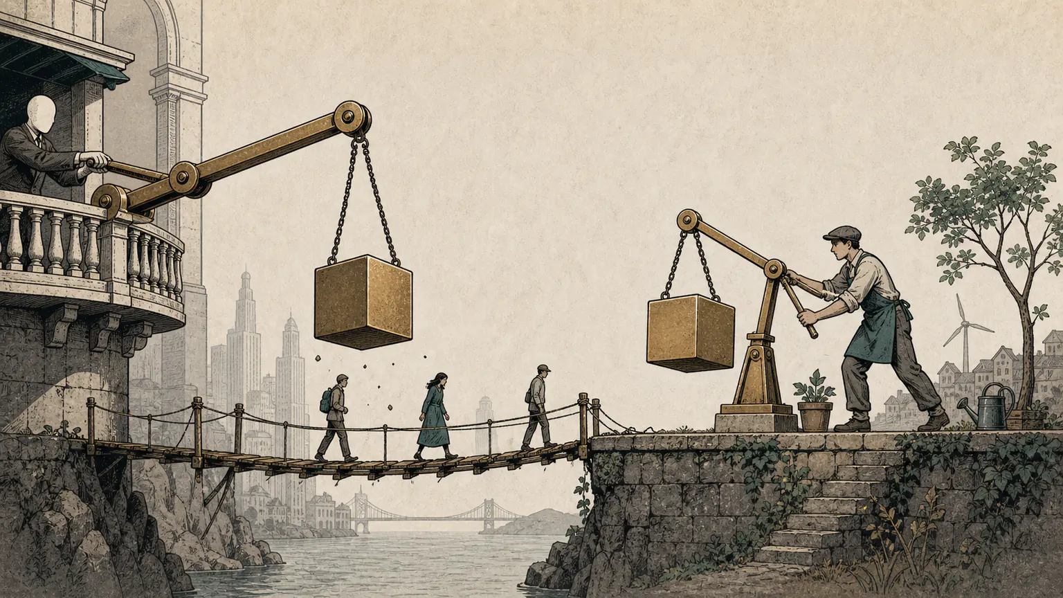 A distant hand moves an oversized lever that drops risk onto strangers while a nearby operator carries the weight of a smaller lever