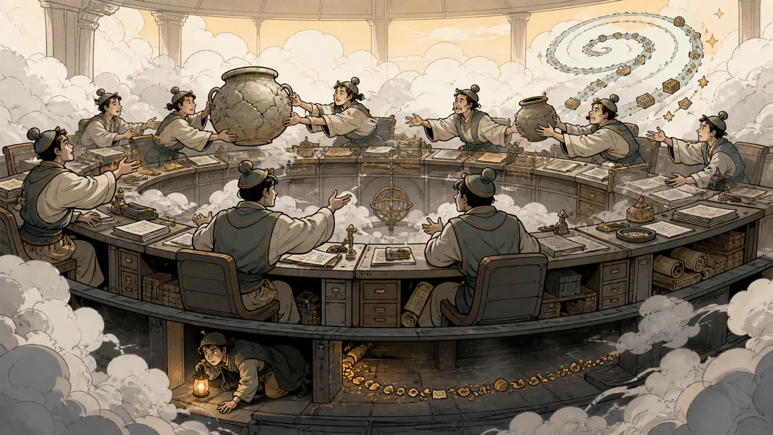 A celestial records office passes one cracked responsibility vessel around a circular bureaucracy while an anonymous investigator follows the hidden trail beneath the clouds