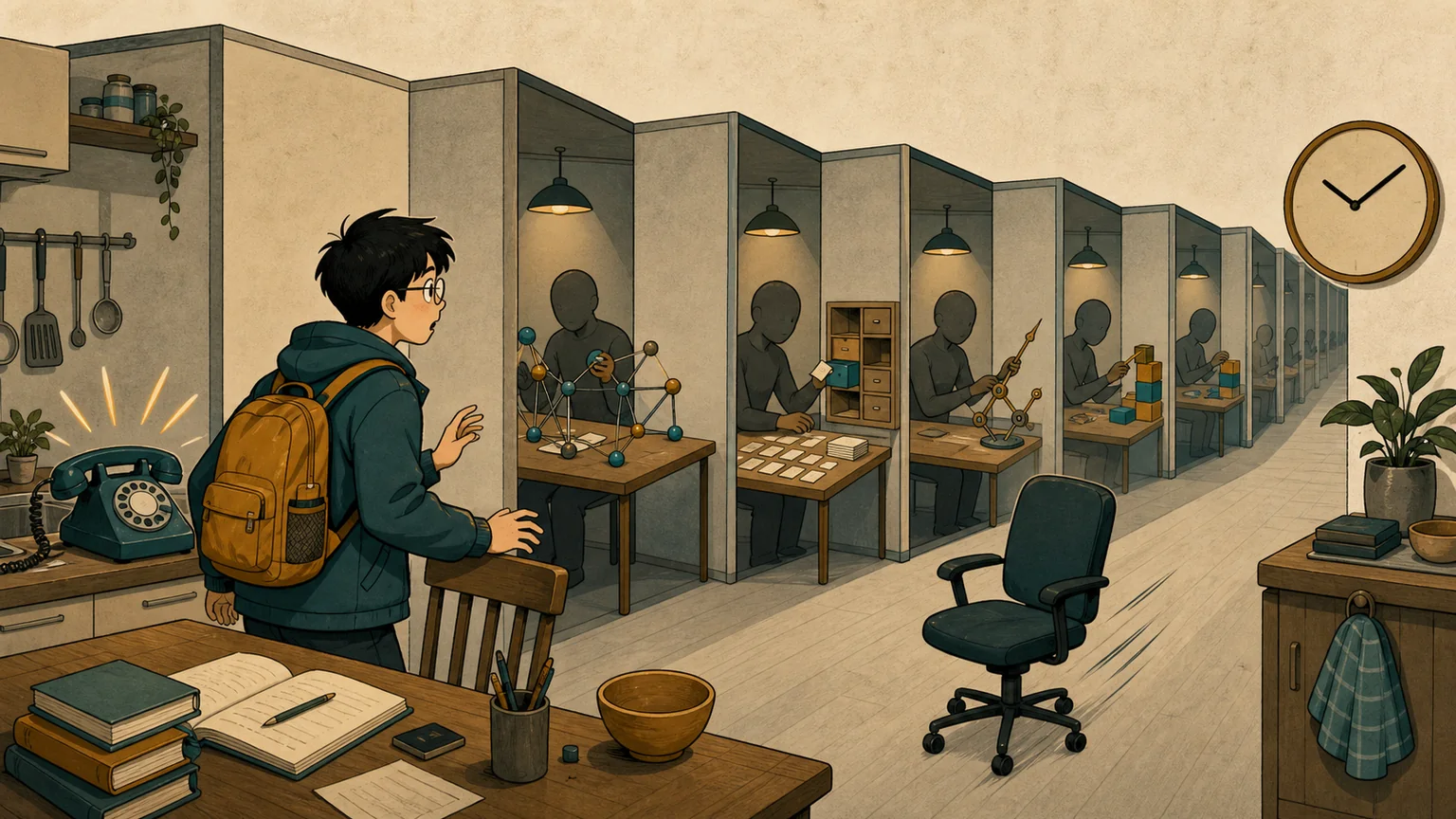 A late telephone call unfolds Forest's kitchen wall into a long row of booths filled with networks, cards, drawers, pointers, and blocks