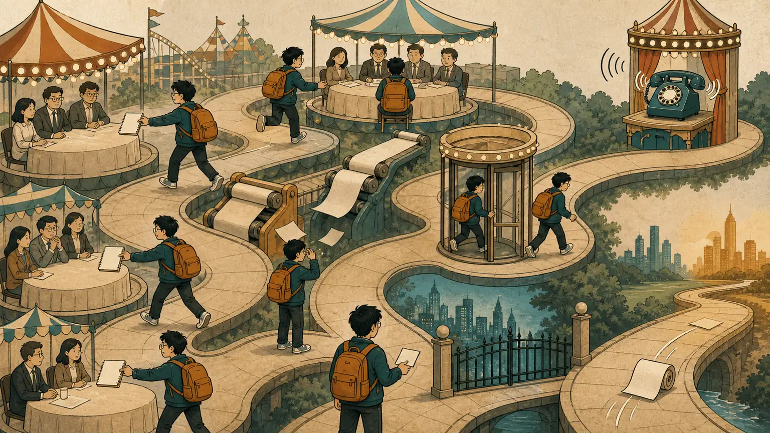 Forest relays a blank notebook through repeated interview tables, mismatched paper rollers, a revolving door, and a blocked city fork