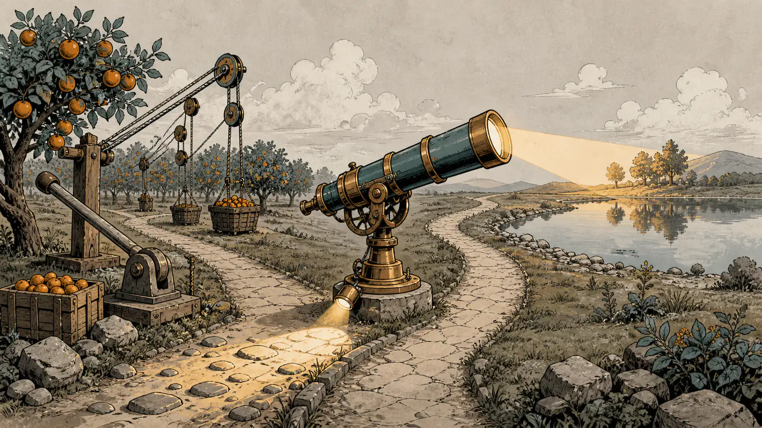 A long path runs from a lever-powered orchard toward a still pond while a telescope examines both present stones and distant consequences