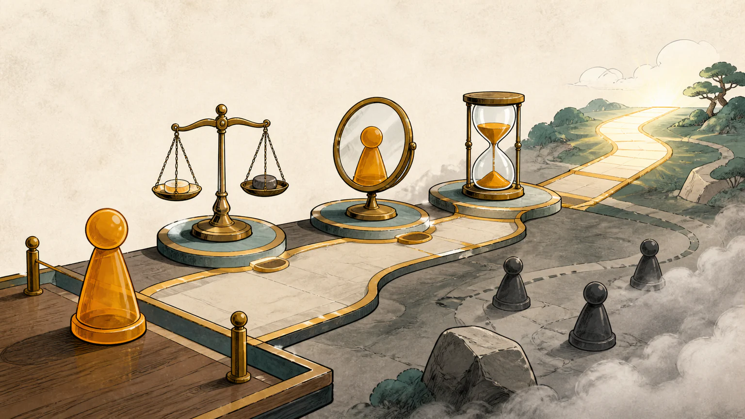 An amber game piece pauses before crossing a battle line to consult a balance scale, a mirror, and an hourglass as a safer route opens ahead