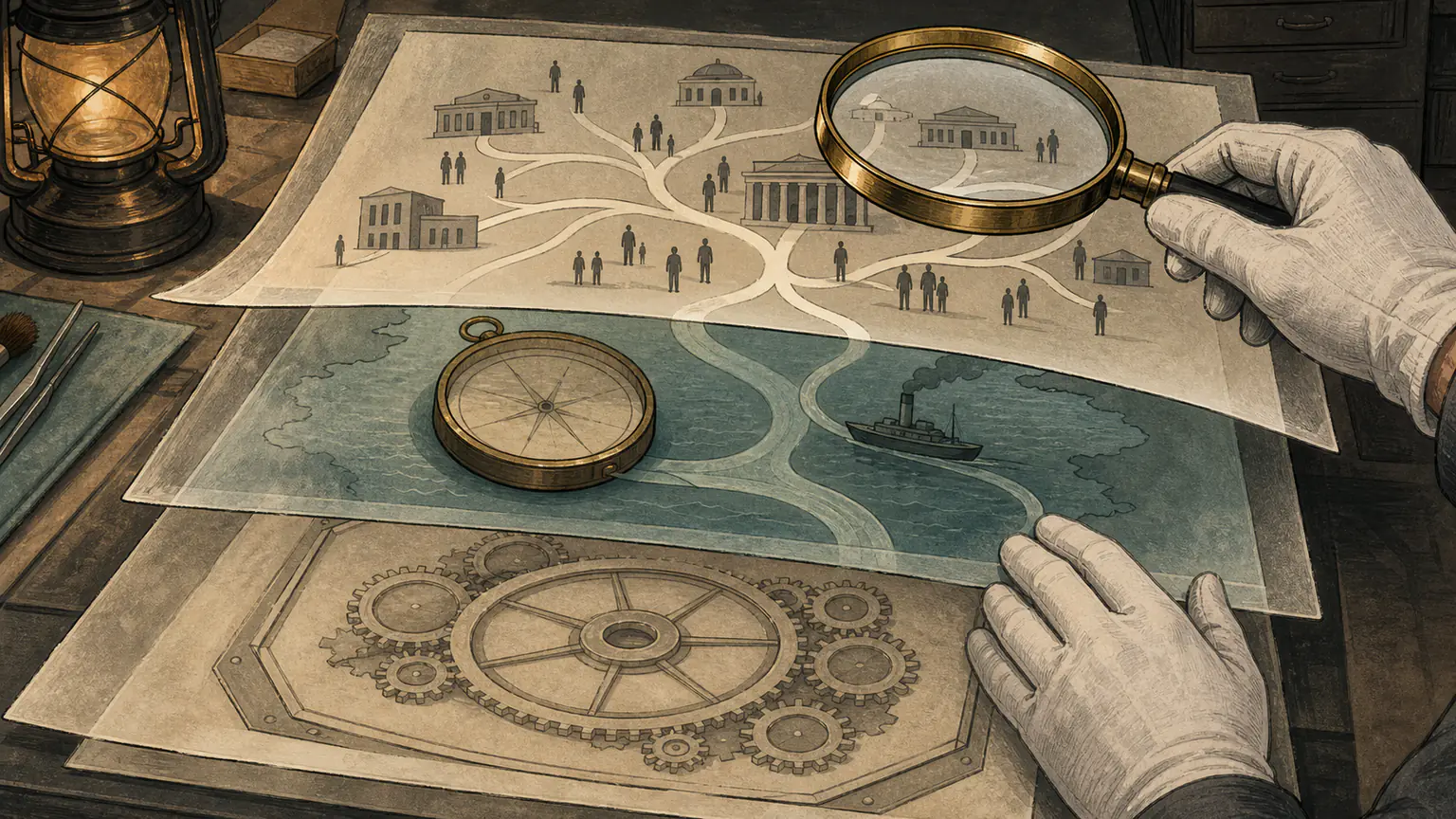 Transparent historical map layers reveal a court clockwork, a maritime compass, and changing policy paths across one museum restoration table