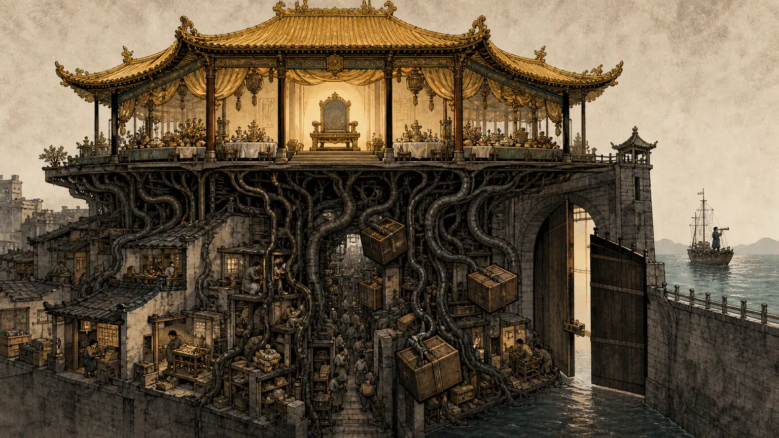 A gilded palace shell presses down on dim workshops below while a closing gate separates the empire from a distant observation vessel