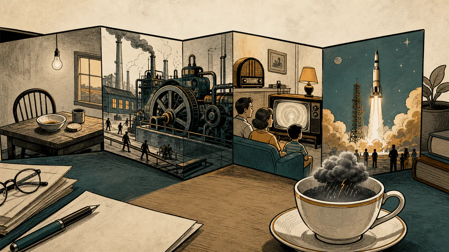 A forty-year historical panorama runs from an empty bowl and factory gears to radio, television, and a rocket while a present-day storm looks tiny inside a foreground teacup