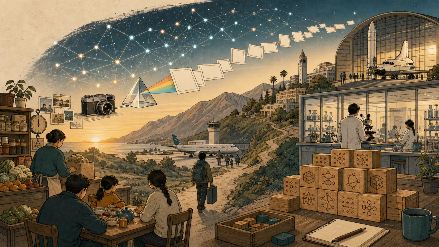 A journey from an immigrant family table across mountains to a university lab, with blank image cards becoming a constellation network