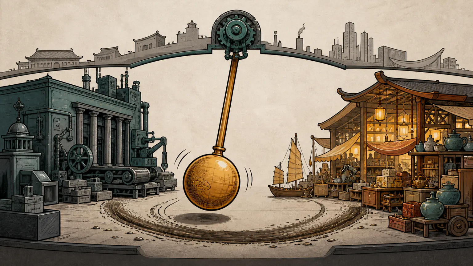 A giant historical pendulum swings between a state machine and an open marketplace, deepening the same groove with every pass