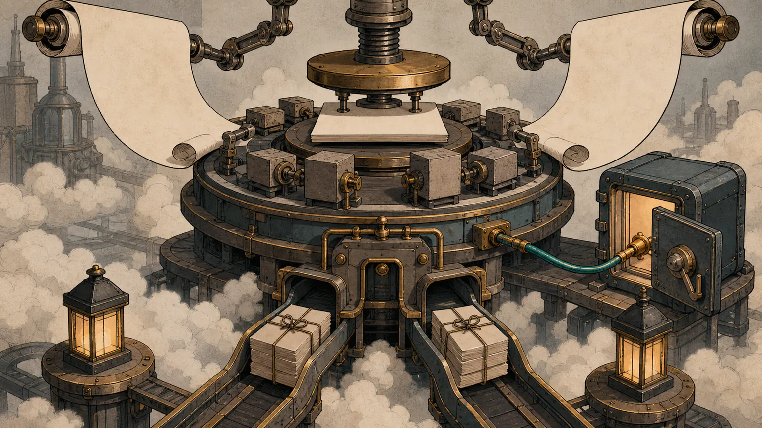 Two blog scrolls move through a cloud assembly line, sealed key vault and branch gate toward paired site beacons