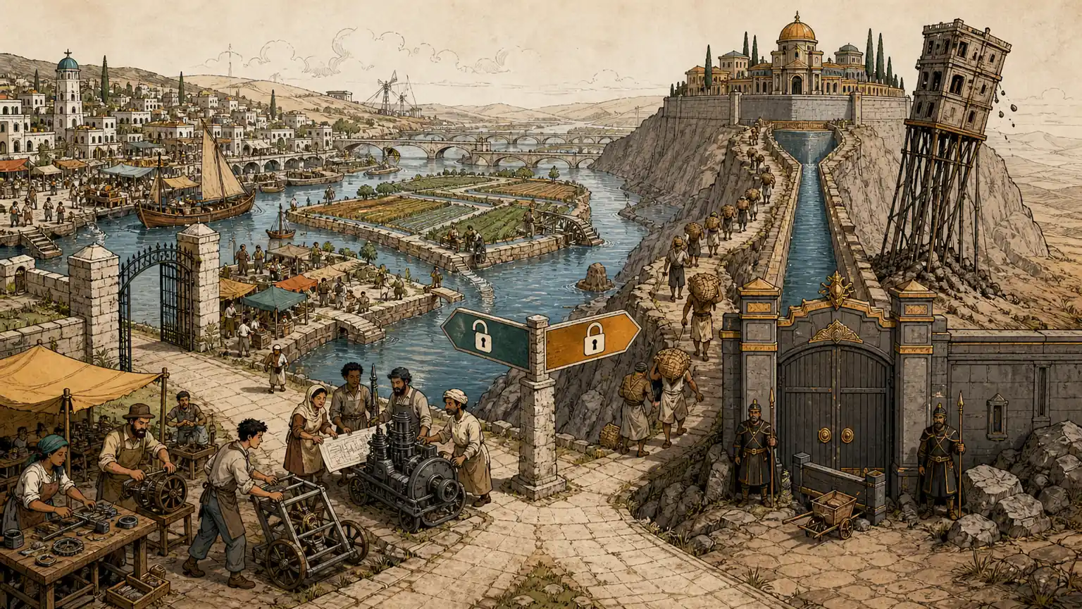 One river divides an open port of shared workshops from a guarded canal feeding a fragile leaning tower